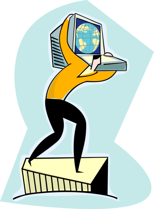 Vector Illustration of Carrying the Power of the Internet with Computer on Shoulders
