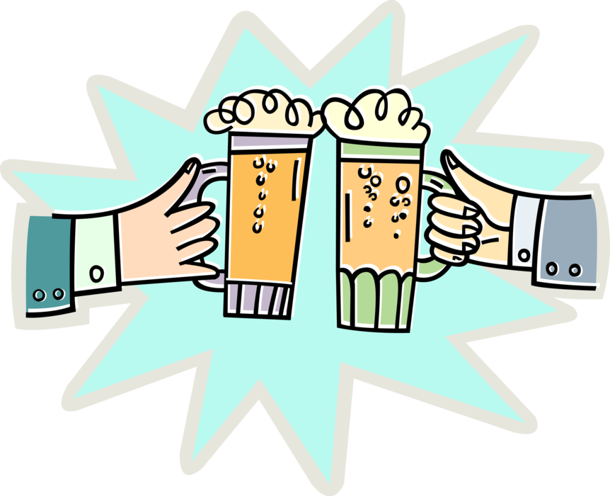 Vector Illustration of Two Hands Make Toast with Beer Mugs Clinking