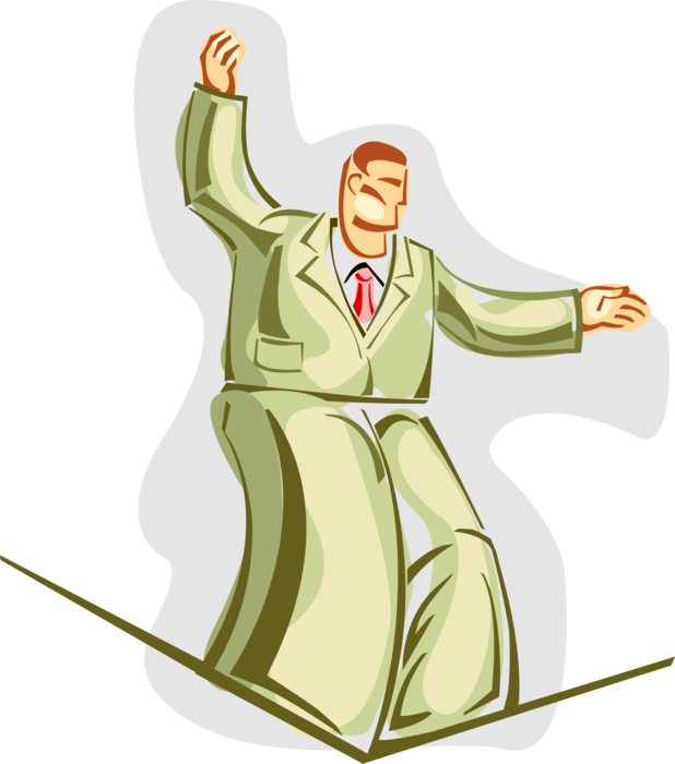 Vector Illustration of Businessman Balances and Walks on Tightrope 