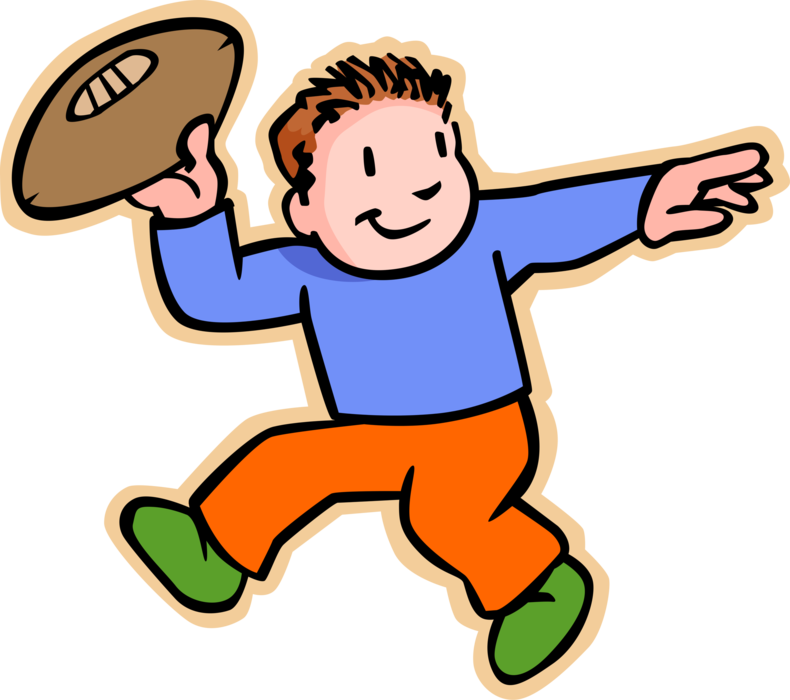 Vector Illustration of Primary or Elementary School Student Boy Throws Football in Game