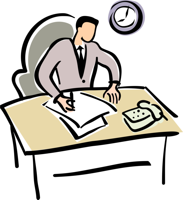 Vector Illustration of Businessman Office Worker Doing Paperwork at Desk