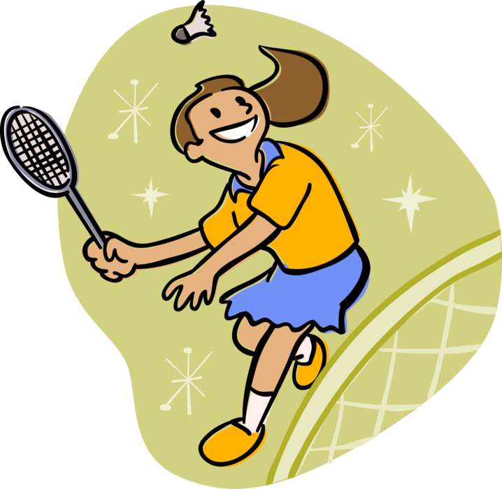 Vector Illustration of Swinging Racket at Shuttlecock Birdie While Playing Game of Badminton