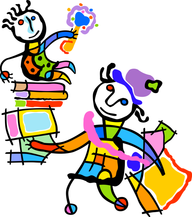 Vector Illustration of Student Off to School with Sibling Riding Books