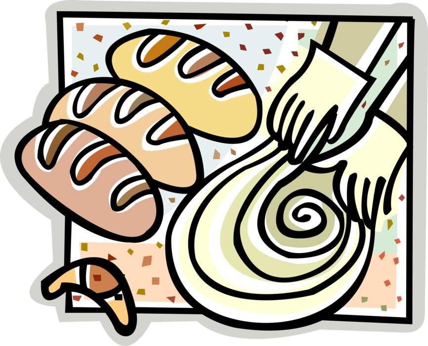 Vector Illustration of Baker's Hands Kneading Dough and Baking Bread in Bakery