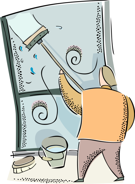 Vector Illustration of Window Washer Cleaning and Washing Office Interior Windows