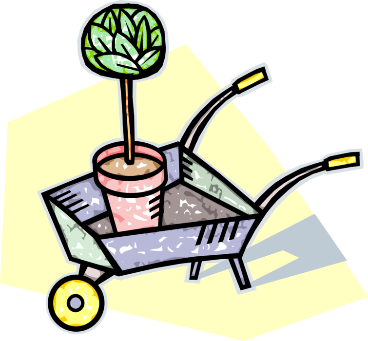 Vector Illustration of Hand-Propelled Wheelbarrow for Carrying Loads with Potted Garden Tree