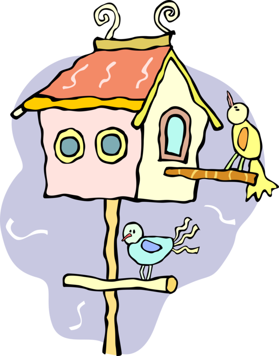 Vector Illustration of Elevated Birdhouse Shelter with Birds