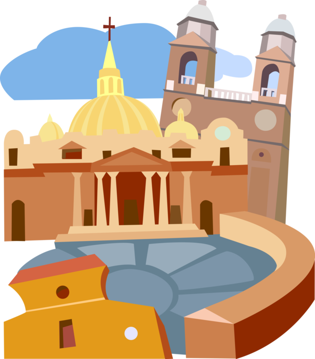 Vector Illustration of Architecture Landmarks in Rome, Italy with St. Peter's and Trinità dei Monti Church