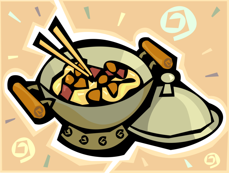 Vector Illustration of Chinese Cuisine Stir Fry Wok Dinner with Chopsticks
