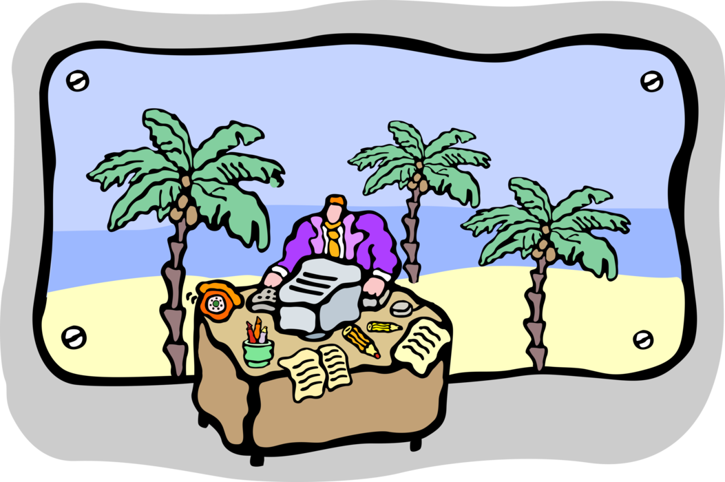 Vector Illustration of Flexible Businessman Works Anywhere with Office on the Beach