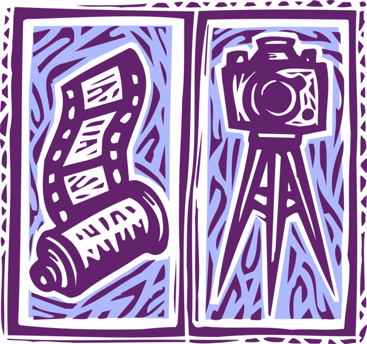Vector Illustration of Camera and Tripod with Photographic Film Canister 35mm Photography Film Roll