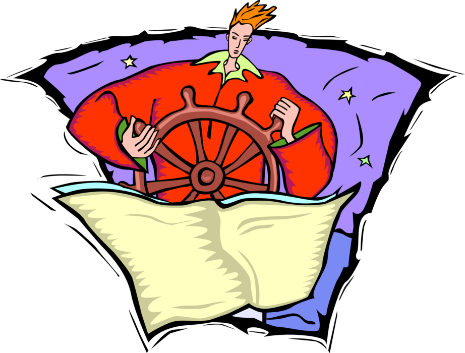 Vector Illustration of Seafaring Mariner Charting Course with Ship's Helm Wheel in Sailing Vessel Boat