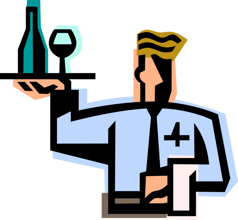 Vector Illustration of Restaurant Maître d'hôtel Waiter with Serving Tray Wine Bottle and Glass