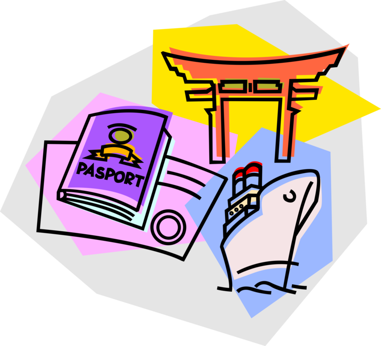 Vector Illustration of Ocean Voyage Cruise Ship or Passenger Cruise Liner with Passport and Japanese Torii Gate