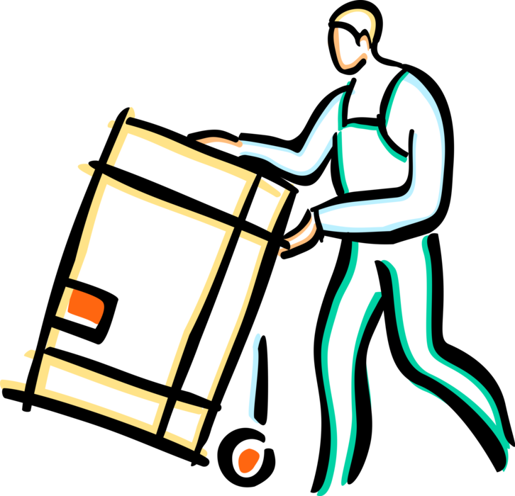 Vector Illustration of Warehouse Worker with Shipping Crate on Handcart Dolly
