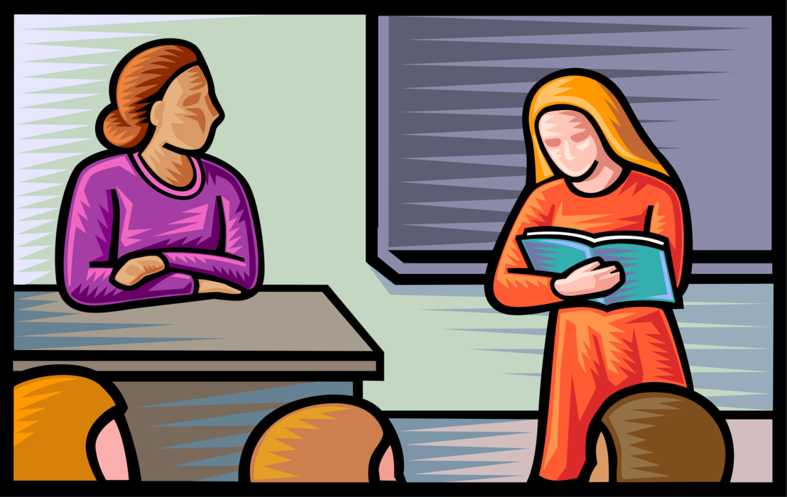 Vector Illustration of Student Reads from Book in School Classroom with Teacher and Students