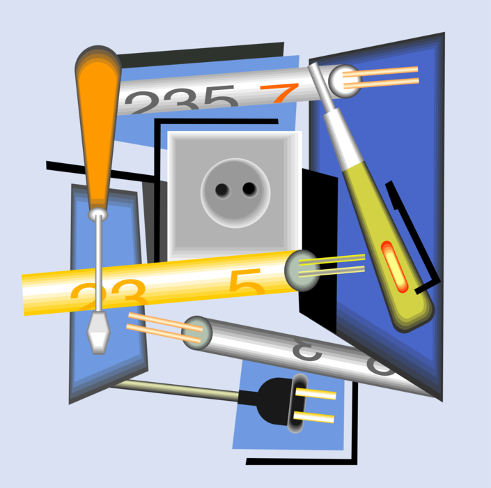 Vector Illustration of Electrical Tools with Live Current Wires and European Socket