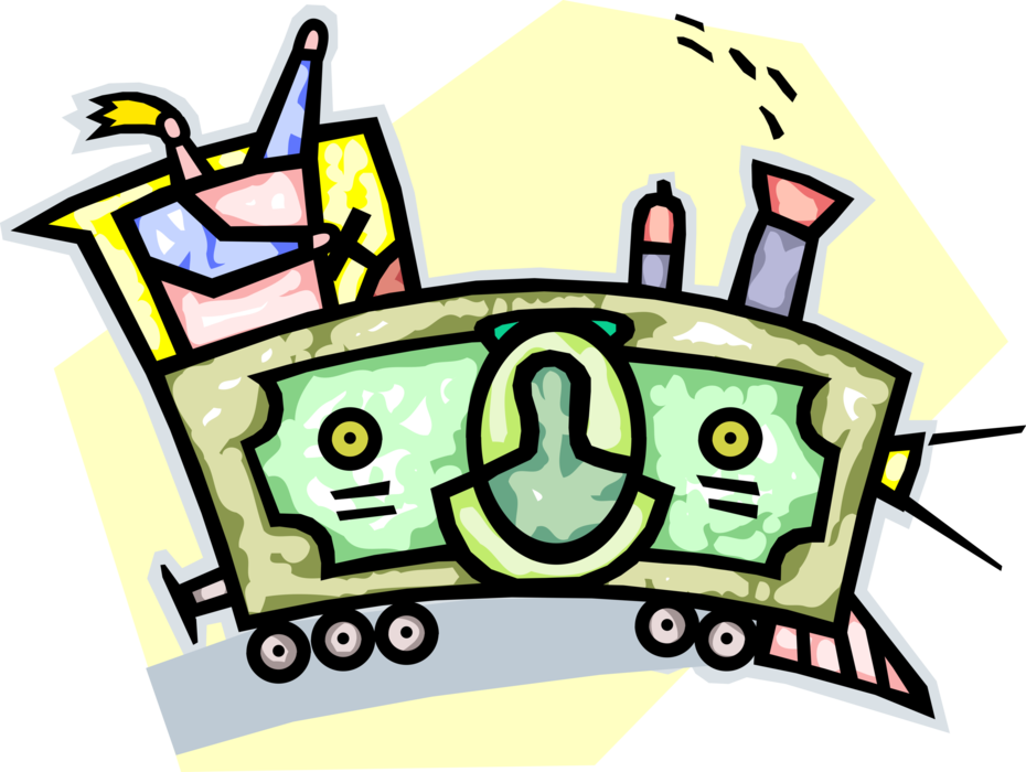 Vector Illustration of Railroad Rail Transport Speeding Locomotive Railway Train Engine Made from Cash Money Dollar Bill