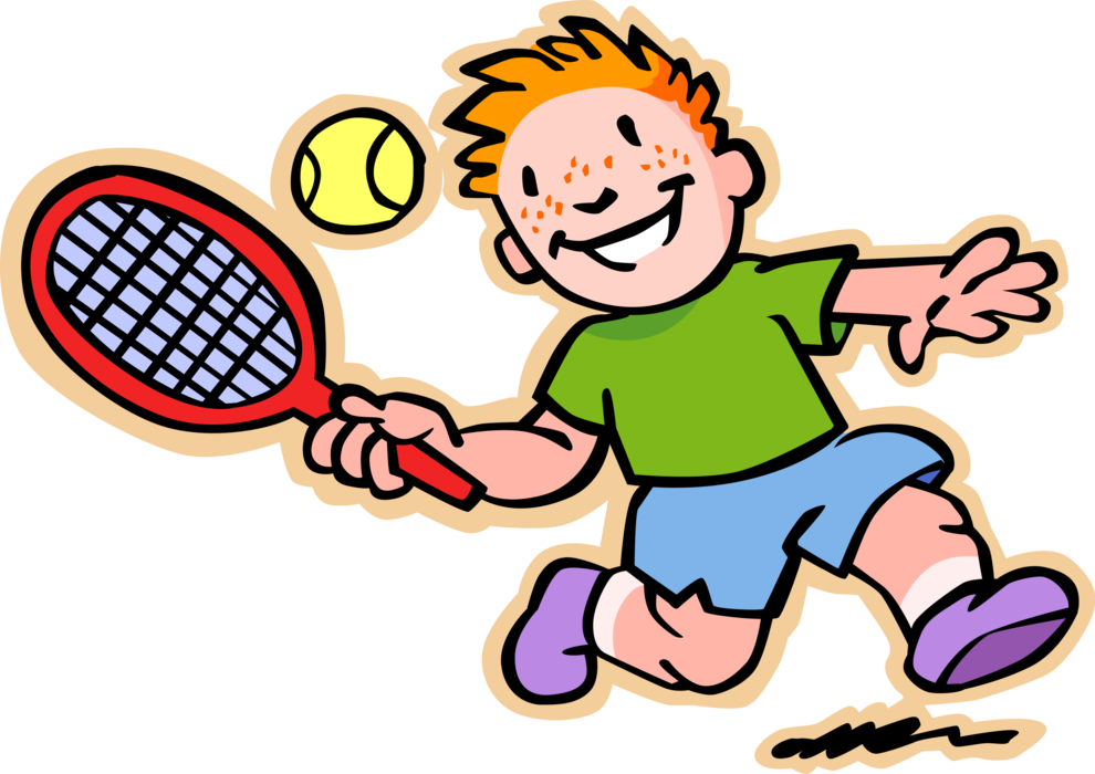 Vector Illustration of Primary or Elementary School Student Boy Plays Tennis with Racket and Tennis Ball