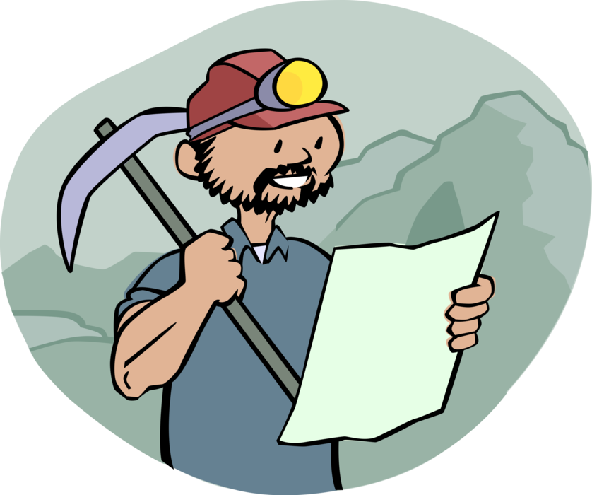 Vector Illustration of Miner with Pick and Mining Lamp Studies Plans in Coal Mine