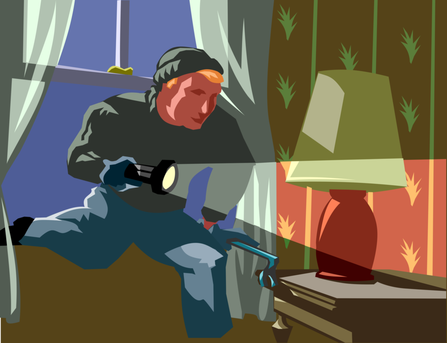 Vector Illustration of Criminal Burglar Thief Breaks into House to Rob and Steal Valuables