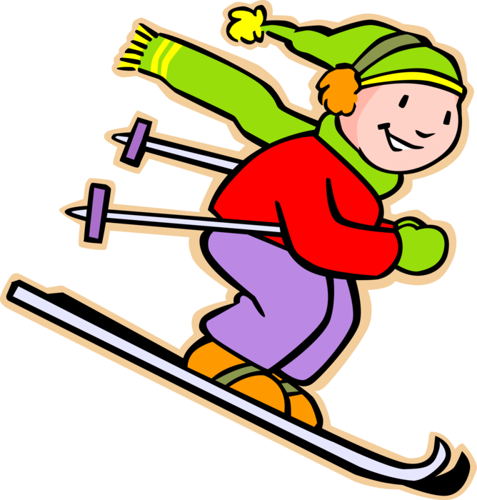 Vector Illustration of Primary or Elementary School Student Boy Goes Alpine Downhill Skiing on Skis