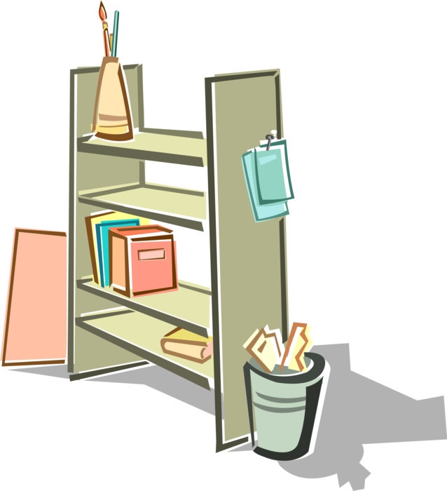 Vector Illustration of Shelving Unit with Shelves and Books in Office