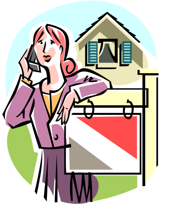 Vector Illustration of Residential Real Estate Agent on Telephone Call with For Sale Sign and Home
