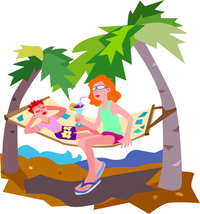 Vector Illustration of Relaxing on Hammock Between Palm Trees in the Summer Sun