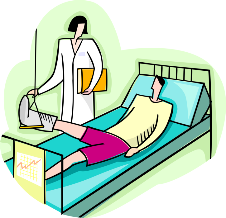Vector Illustration of Health Care Nurse Checking Hospital Patient with Broken Leg