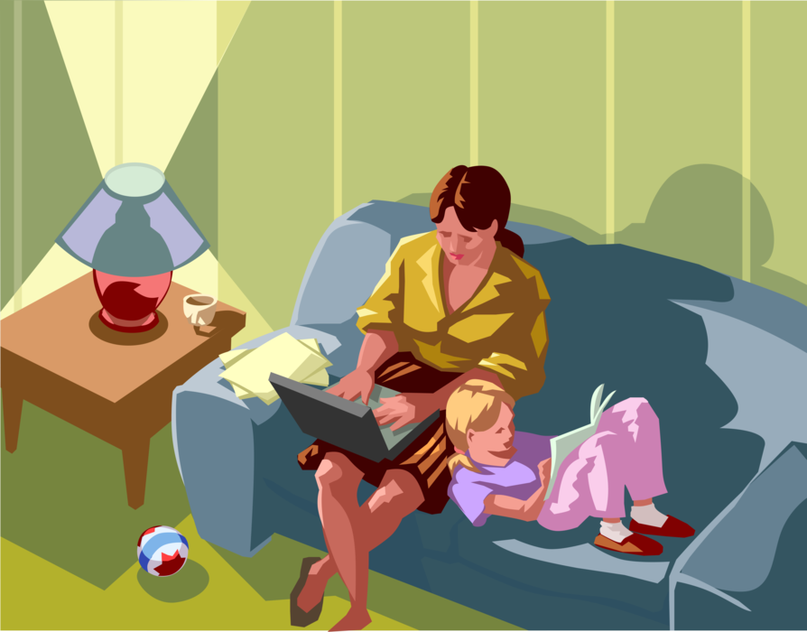 Vector Illustration of Working Mother Works from Home on Notebook Computer with Young Child