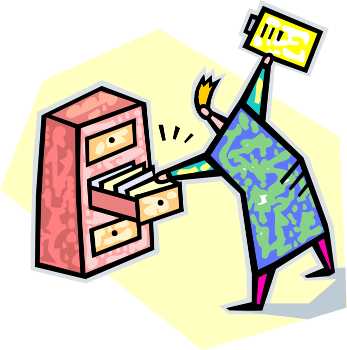Vector Illustration of Office Worker Searches for Project Folder in Filing Cabinet