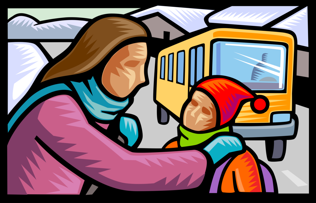 Vector Illustration of Mother Says Goodbye to Child Leaving for School on School Bus Schoolbus
