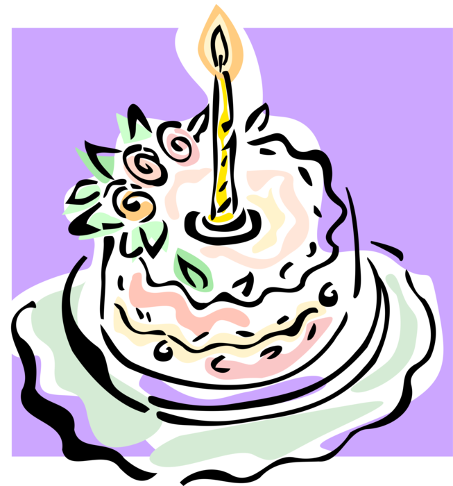 Vector Illustration of First Birthday or Anniversary Cake with Lit Candle