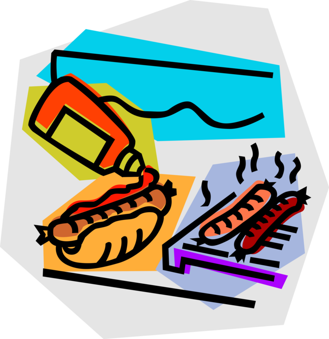 Vector Illustration of Outdoor Summer Family Barbecue Picnic with Grilling Hot Dogs and Sausages