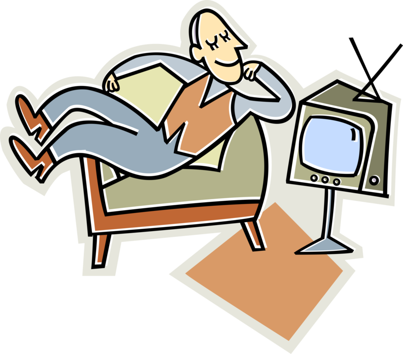 Vector Illustration of Couch Potato Relaxes and Watches Television TV Set