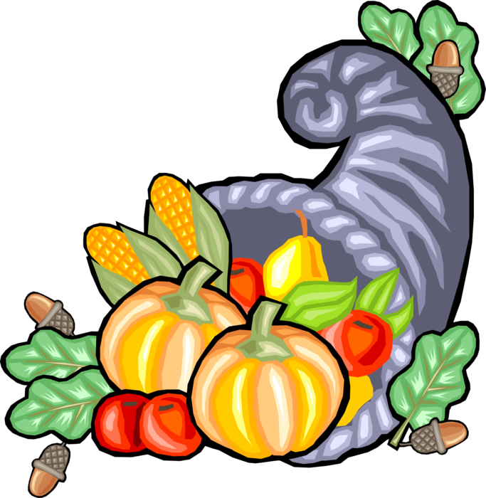 Vector Illustration of Cornucopia Horn of Plenty with Fall Harvest Pumpkins, Apples, Pear and Corn Husks