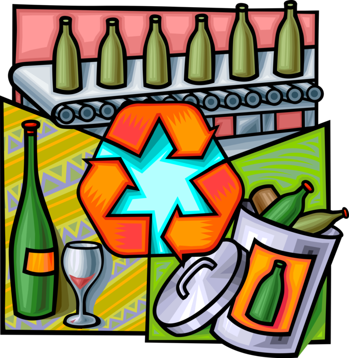 Vector Illustration of Recycling Process Converts Waste Glass and Bottles into Usable Products