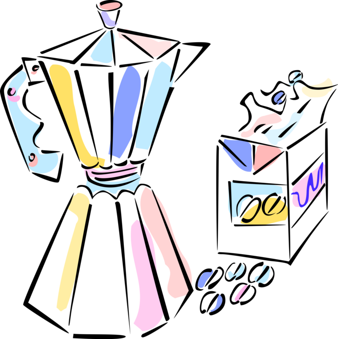 Vector Illustration of Coffee Pot Brews Fresh Coffee with Coffee Beans