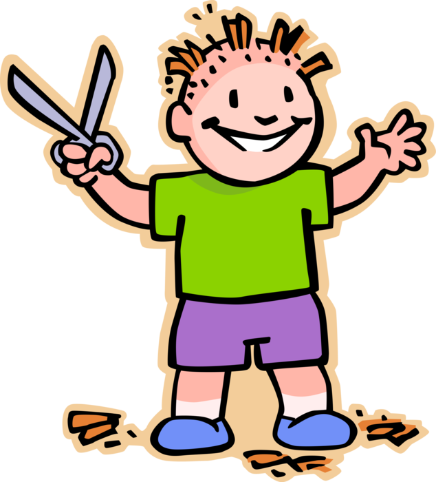 Vector Illustration of Primary or Elementary School Student Boy Cuts His Hair with Scissors