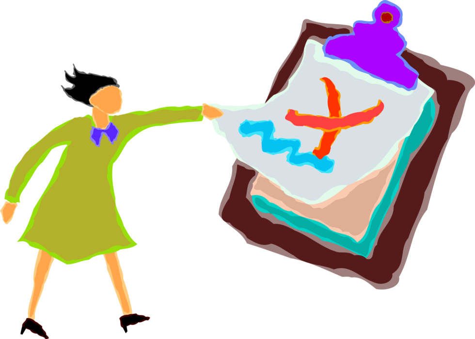 Vector Illustration of Woman with Wooden Clipboard Portable Writing Surface Holding Paper in Place