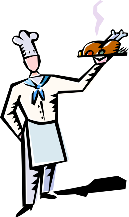 Vector Illustration of Restaurant Chef with Roast Poultry Turkey on Serving Tray