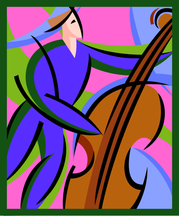 Vector Illustration of Jazz Musician Plays Bass Violin or Double Bass Bowed String Instrument