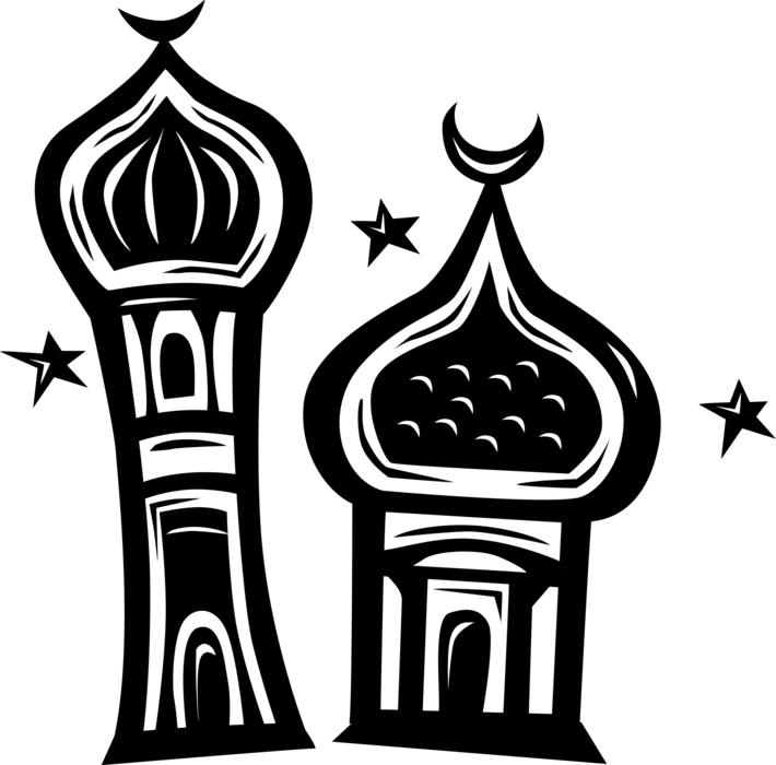 Vector Illustration of Islamic Mosque Minaret with Cupola Dome and Crescent Moon