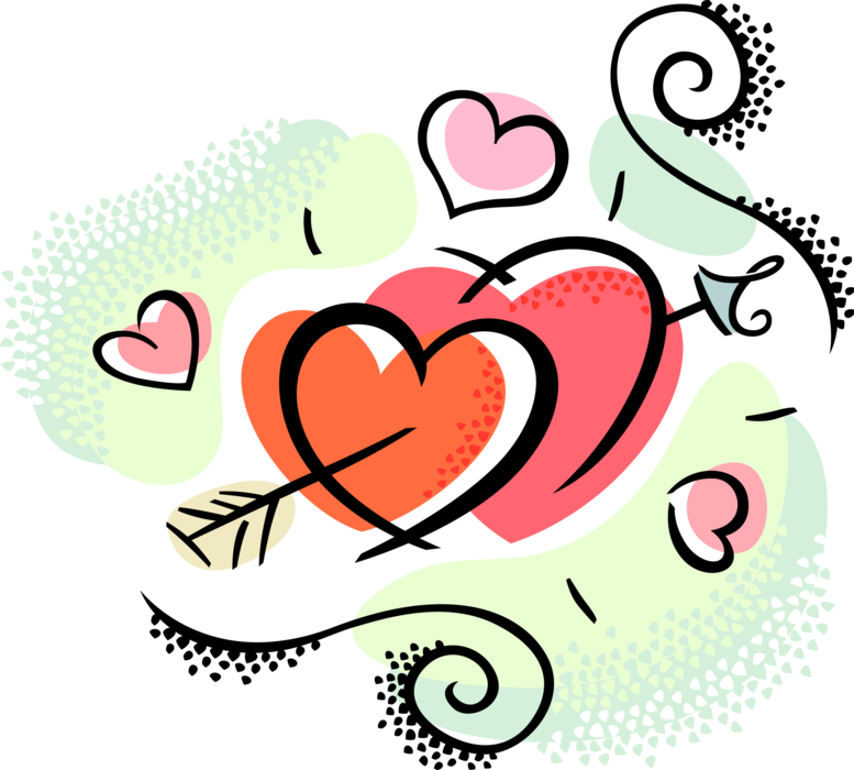 Vector Illustration of Valentine's Day Sentimental Love Hearts Pierced by Cupid's Arrow Expression of Affection