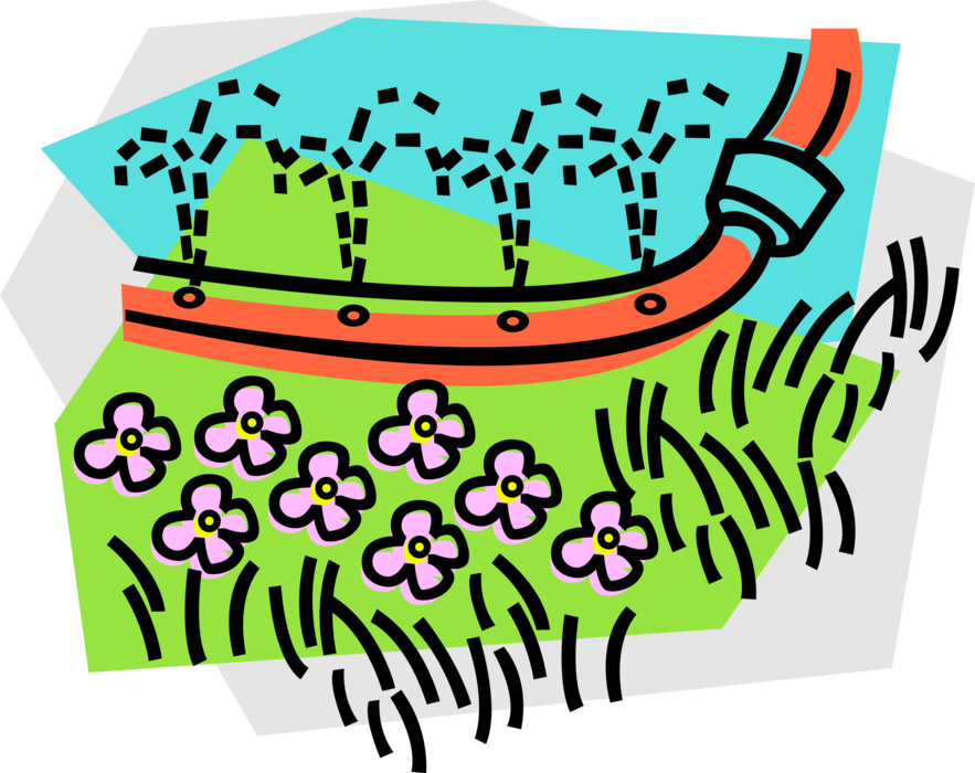 Vector Illustration of Soaker Hose Watering the Lawn and Flower Garden