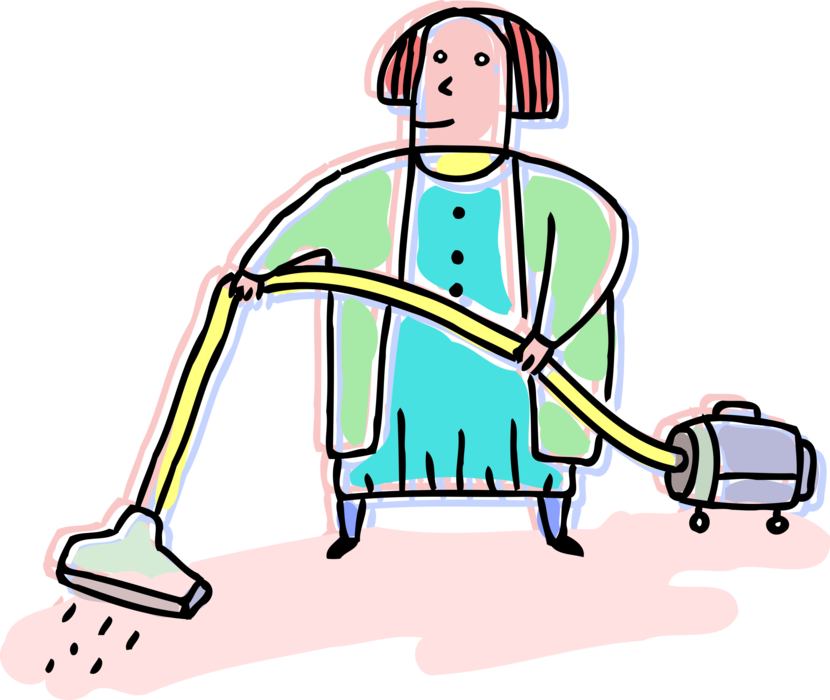 Vector Illustration of Cleaning and Vacuuming Carpets with Vacuum Cleaner