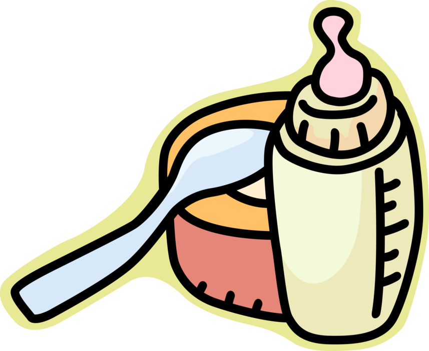 Vector Illustration of Newborn Infant Baby Bottle with Food Bowl and Spoon