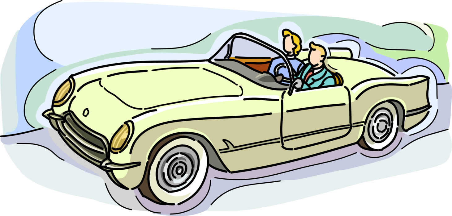 Vector Illustration of Couple Driving Convertible Sports Car Automobile Motor Vehicle