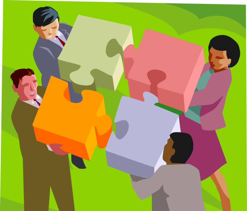 Vector Illustration of Business Associates Fit Jigsaw Puzzle Pieces Together Tests Ingenuity or Knowledge